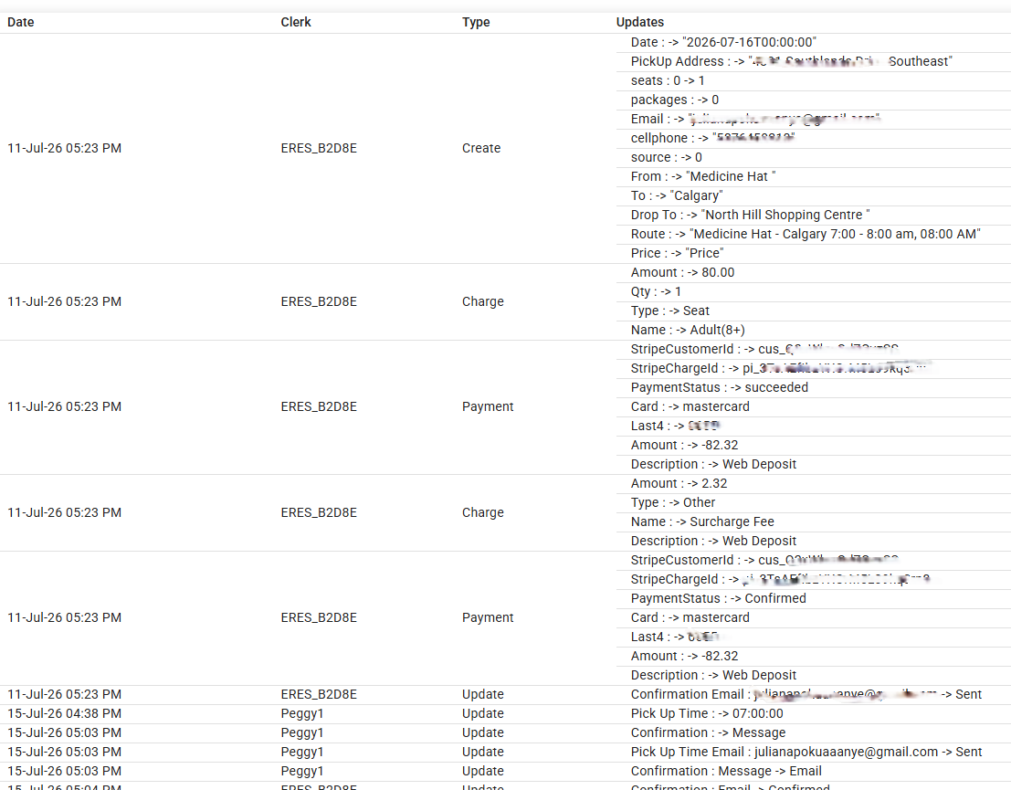 reservation audit log in passenger booking software